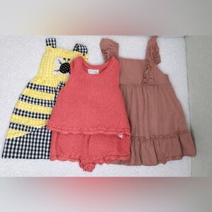 Baby Girl Outfit Bundle – 2 Dresses + Shorts & Top – Size 6–12 Months